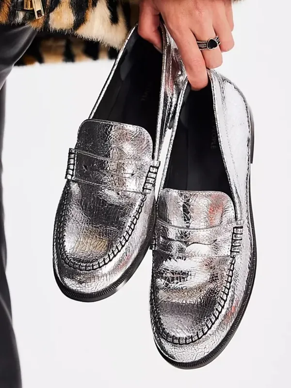 NEW Free People Leather Blanket Stitch Loafers Metallic Silver Size 8 - Image 3