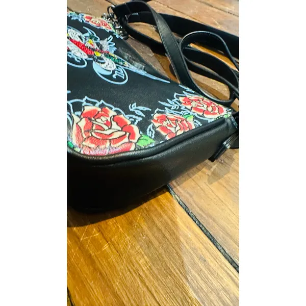 ED HARDY Y2K Black Red True Til Death Faux Leather Roses Shoulder Bag Purse - Image 6