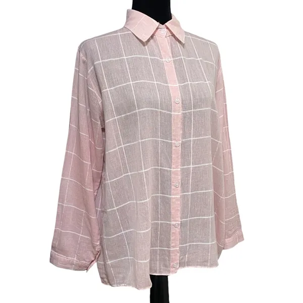 Adora Pink White Striped Sheer Button Shirt Roll Tab Sleeves Medium - Image 2