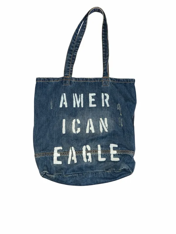 American Eagle Outfitters Denim Tote in Blue with White Logo - Image 3