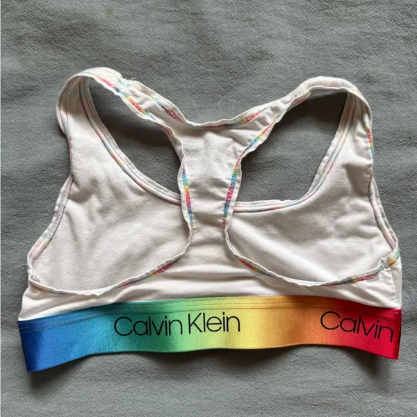 Calvin Klein White Racerback Bralette with Rainbow Trim - Image 4