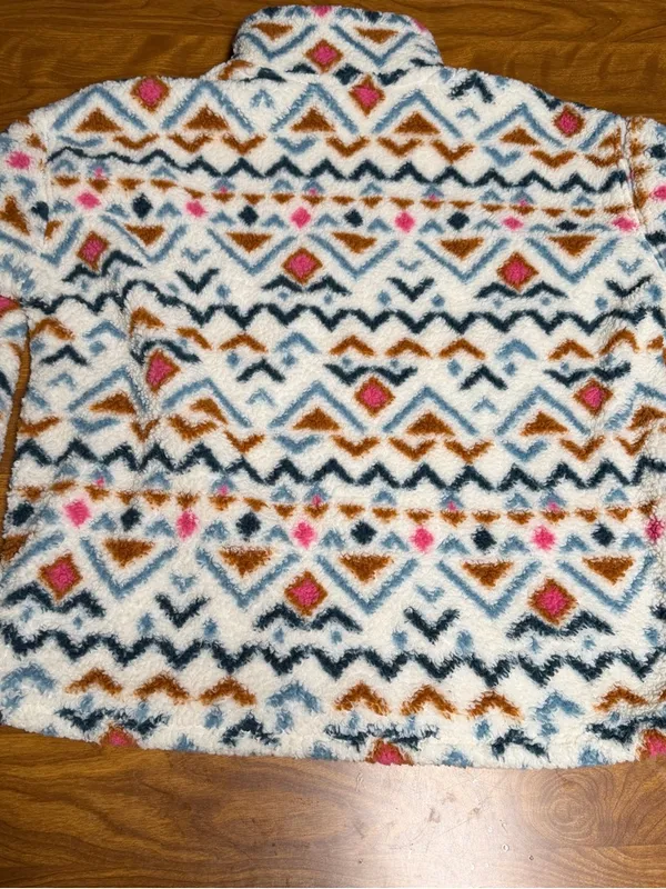 Eddie Bauer Plush Fleece 1/4 zip pullover Jacket Cream Blue, Brown Pink print XL - Image 7