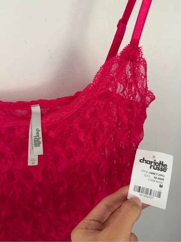 Charlotte Russe Medium NEW Hot Pink Lace Top Slim Fitted Y2K Rave Festival - Image 3