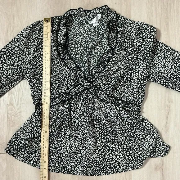 Loveriche Leopard Print Ruffle V-Neck Blouse Women Small Black White Bell Sleeve - Image 6