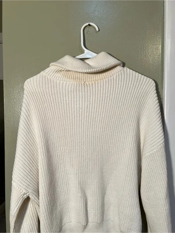 Lilla P Women’s Sz Large Zip Front Sweater in White Cream Gold Circle Zip Cotton - Image 7