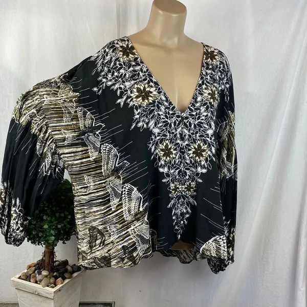 Free People Black Print Long Sleeve Peasant Boho Festival Oversized Top Blouse M - Image 3
