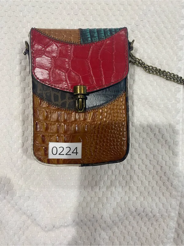 Multi-Color Croc-Embossed Leather Crossbody Bag - Red/Brown - Image 4