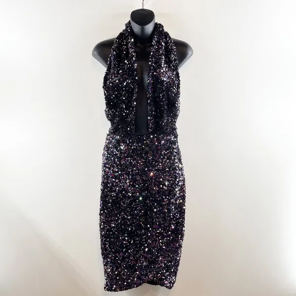 Bardot Sequin Halter Cutout Knee Length Dress Black Multi XS - Image 2