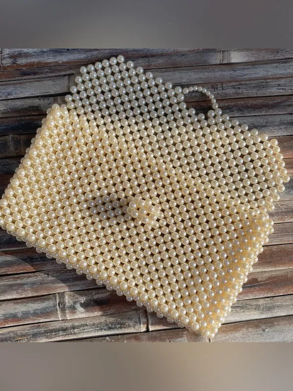 Vintage Faux Pearl beaded handbag clutch minimalist cottage bridal boho - Image 6