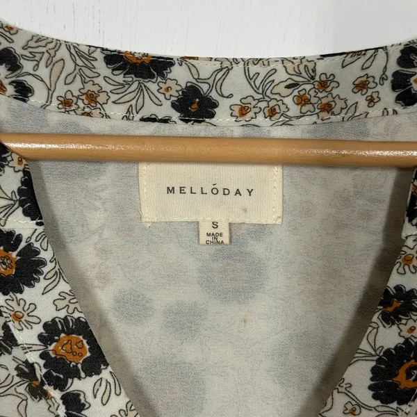Melloday Babydoll Tunic Top Womens Size Small Tan Floral V-Neck Long Sleeve Boho - Image 9