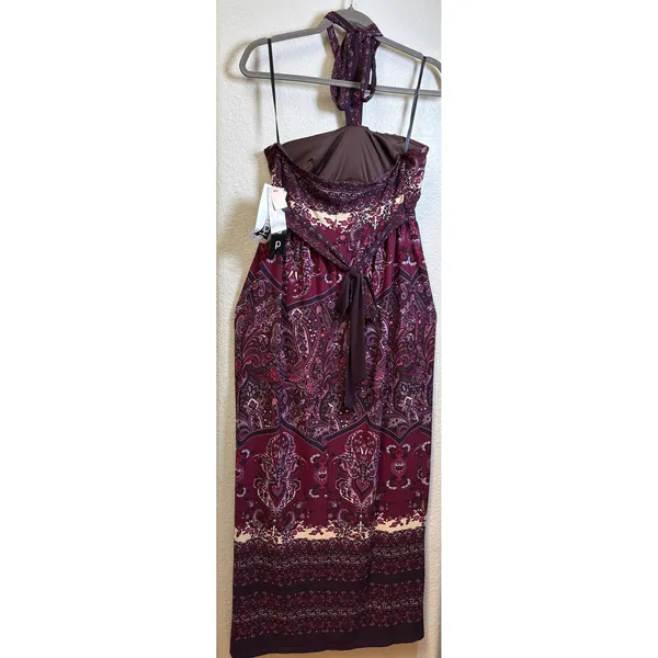 Snap Womens Paisley Halter Maxi Dress Burgundy Purple Size L NEW - Image 2