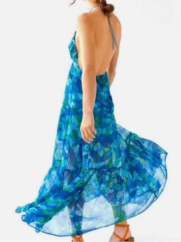 Urban Outfitters Halter Maxi Dress Blue Daisy Floral Boho Summer Party Fairy - Image 7