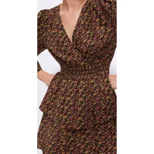 Zara Womens Floral Tiered Ruffle Mini‎ Dress Smocked Waist V-Neck Long Sleeve XS - Image 3