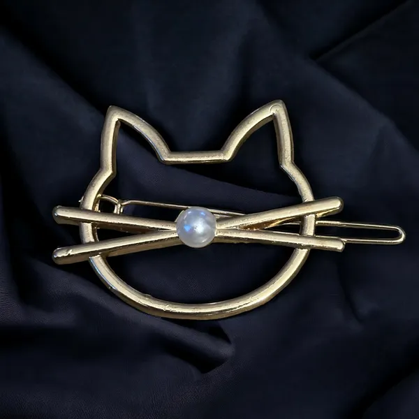 Cat Face Hair Barrette Gold - Image 2