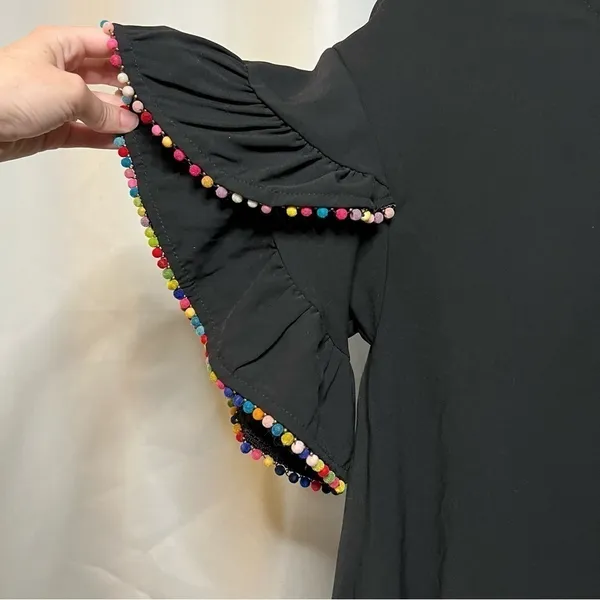 Very J Black Shift Dress with Rainbow Pom Pom Ruffle Sleeves Small - Image 5