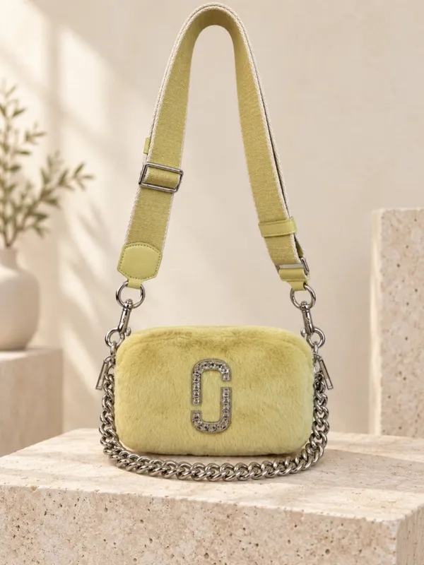 Marc Jacobs Luxe Snapshot Yellow Faux Fur Camera Bag Crystal Logo NWT - Image 6