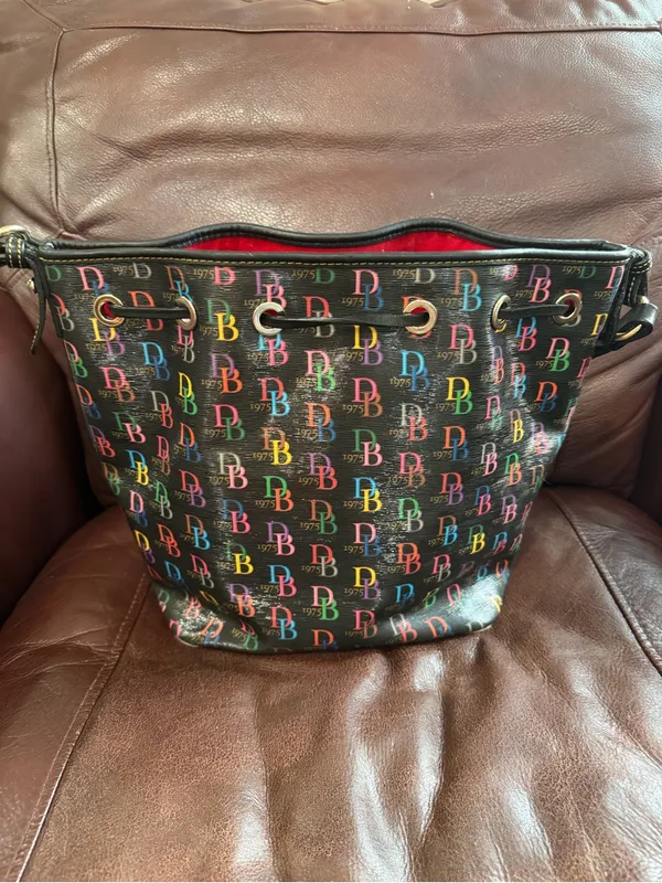 Dooney & Bourke Black Multicolor DB Logo Drawstring Shoulder Bag - Image 4