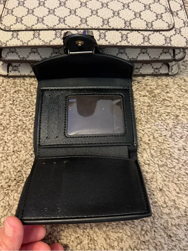 Source Unknown Beige Brown Monogram Shoulder Bag with Gold Buckle with a matching wallet. - Image 8