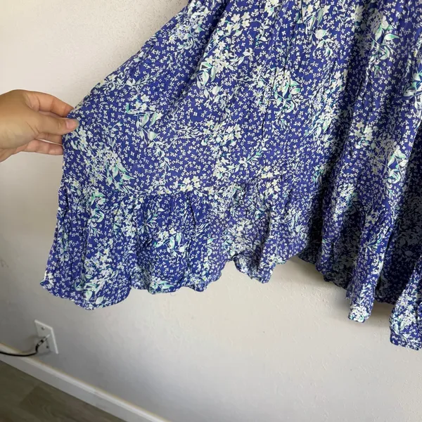 Free People Off the Shoulder Blue White Ditzy Floral Tiered Flowy Dress Womens L - Image 3