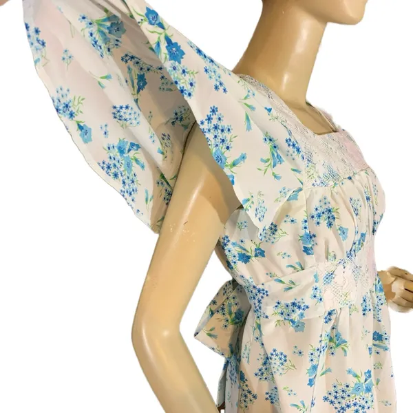 Vintage Circa 1970'S White W/Blue Floral Print Empire Waist Maxi Dress (S) - Image 7