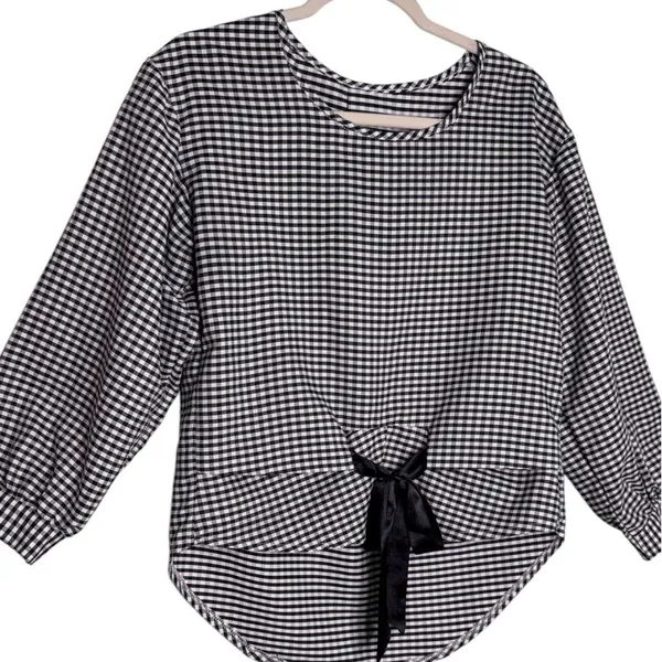 Gingham Black and White Plaid Gingham Bow Tie Front Blouse Long Sleeve Medium - Image 6
