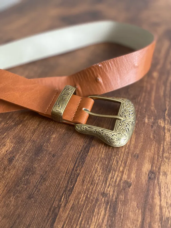 Women's Tan Leather Belt with Ornate Brass Buckle - Image 2