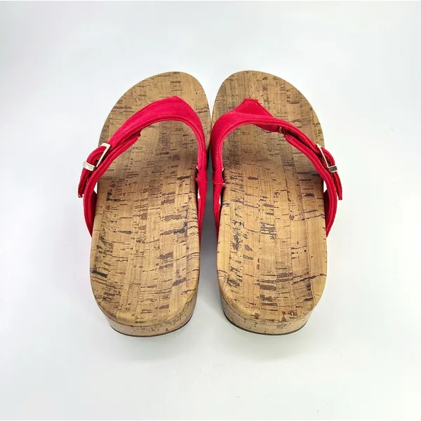 Vionic Orthaheel Marbella Red Textile Thong Buckle Cork Wedge Sandals 8W Coastal - Image 6