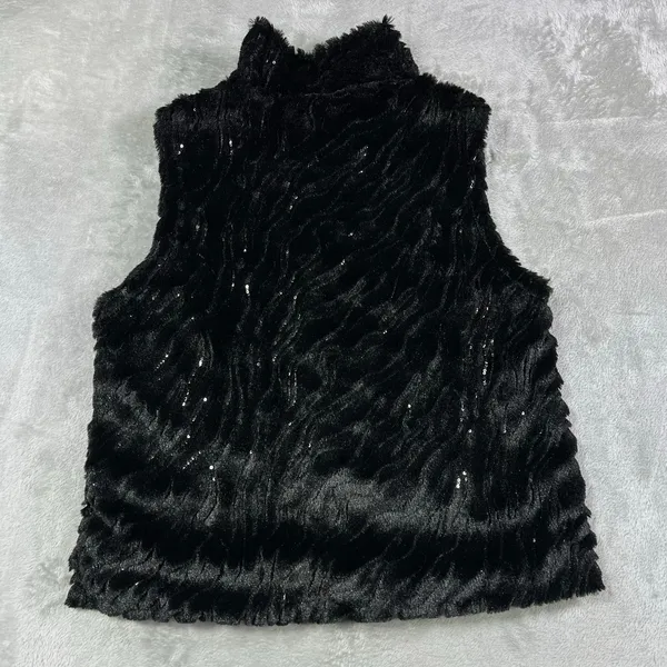Betsey Johnson M Black Faux Fur Metalic Sequin Vest Full Zip Leopard Lined - Image 2