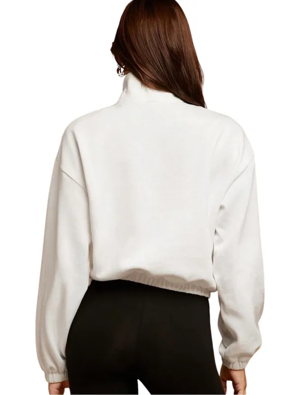 🔃White Drop Shoulder Zip Half Crop Sweatshirt - Image 2