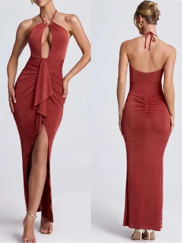 Oh Polly Margot Hardware Detail Cut-Out Halterneck Maxi Dress Auburn Brown - Image 2
