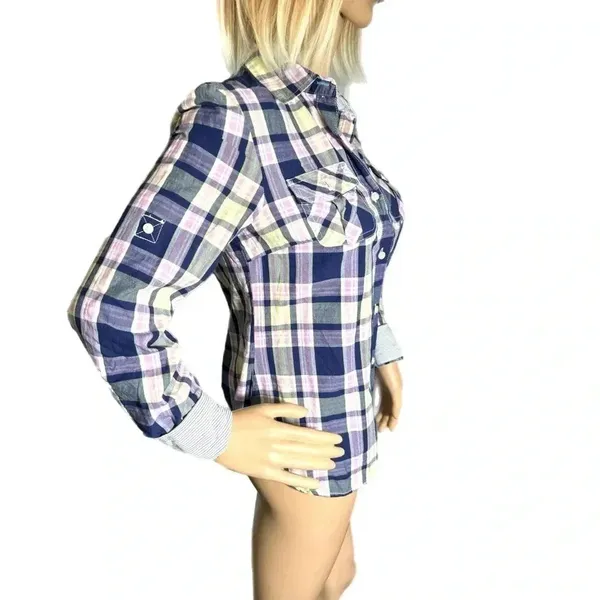 TOMMY HILFIGER Shirt Womens Small Purple Plaid Long Sleeve Button Front Top - Image 6