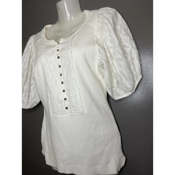 Pilcro Shirt Womens Small White Henley Puff Short Sleeve Textured Tee Top - Image 4