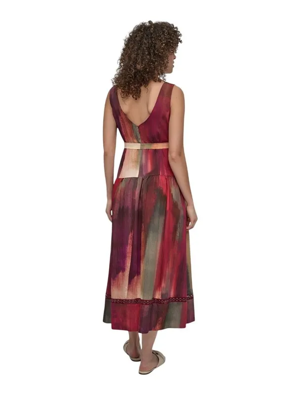 NWT DKNY Womens Abstract V-Neck Belted Dress Midi Brush Stroke Brown Multi 10 - Image 5