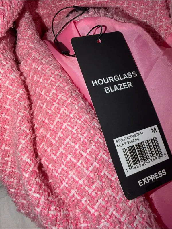 NWT EXPRESS $148 Hourglass Tweed Pink Bouclé Single-Button Blazer Jacket Medium - Image 7
