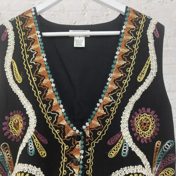 Gallagher Vintage 90s Embroidered Folk Art Cotton Flax Vest M Whimsigoth - Image 5
