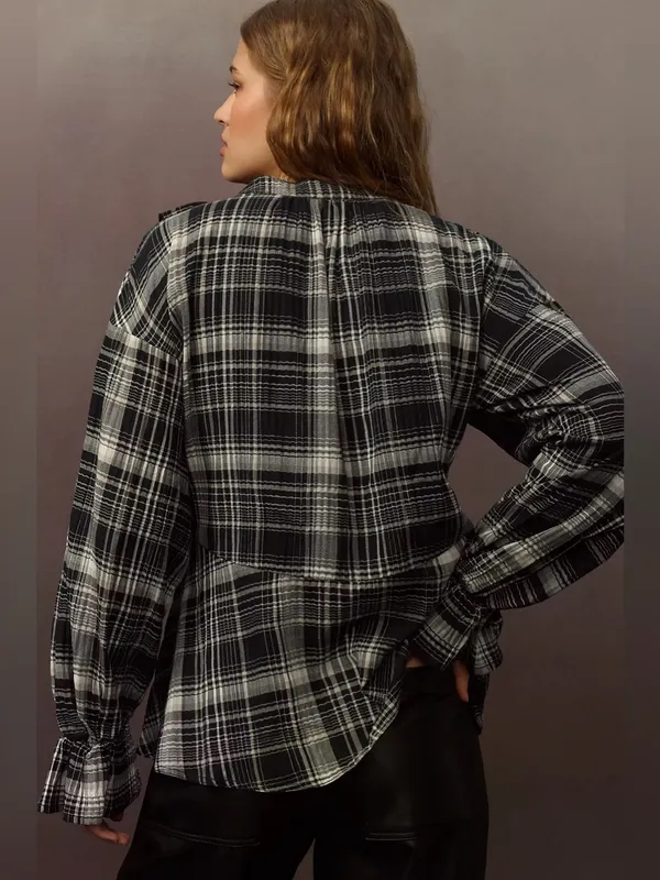 NWT Anthropologie Pilcro Plaid Ruffled Button Black Blouse S - Image 4
