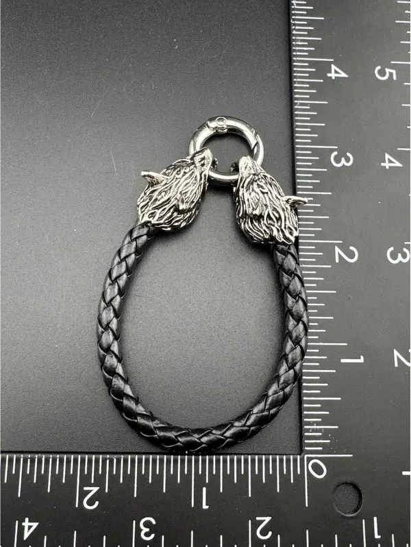 Viking Wolf Head Leather Bracelet 6 inches Black - Image 6