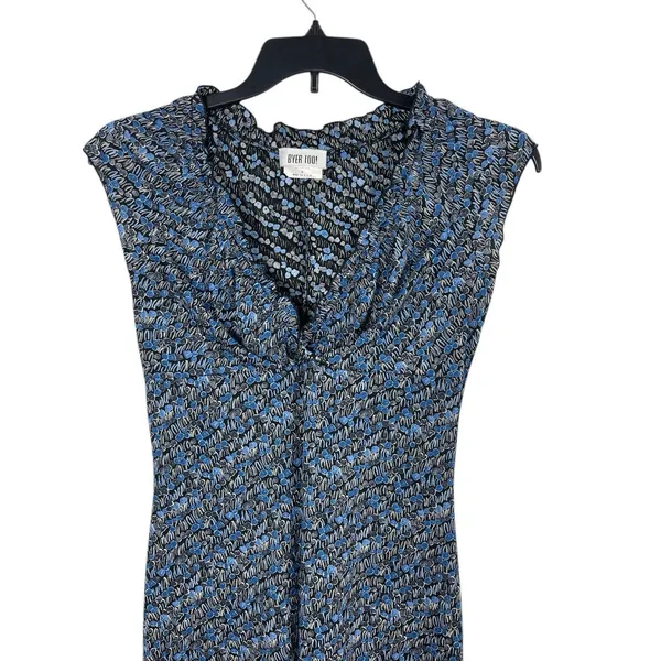 VTG Y2K Byer Too USA Made Blue Gray Floral Sleeveless Ruffle V-neck Dress M - Image 2
