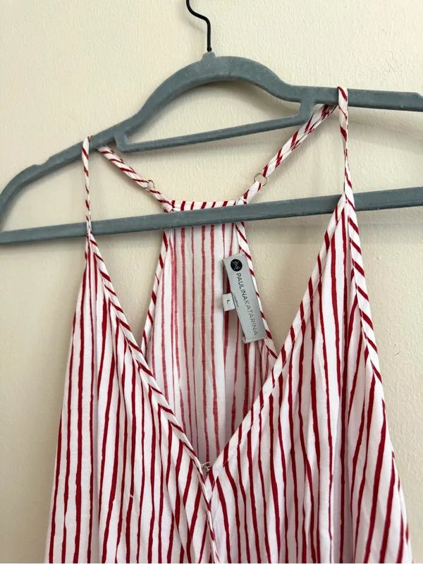 Paulina Katarina Red Striped Wrap Midi Summer Dress Size Large - Image 5