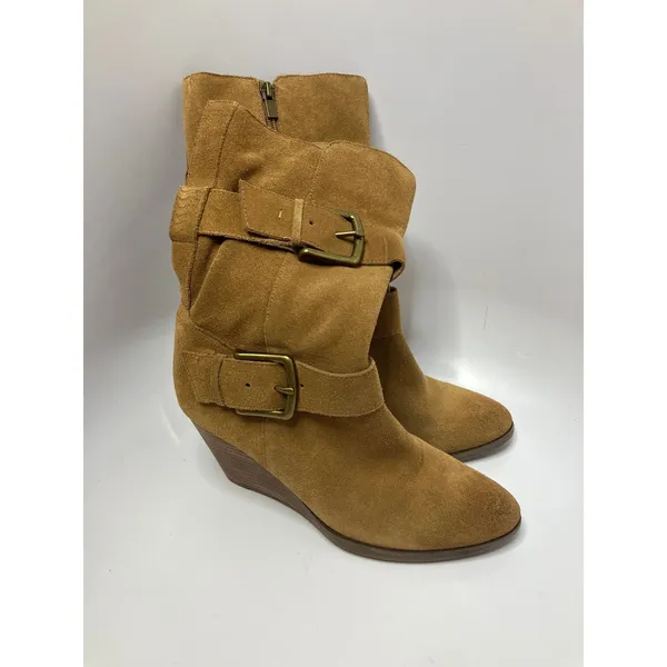 Very Volatile tan suede wedge mid calf boots buckles women's size 8.5 Trendy‎ - Image 4