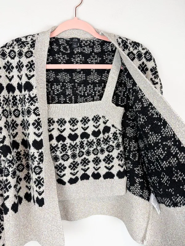 River Island Gray Black Fair Isle Patterned Cardigan Sweater Tank Matching Set - Image 6