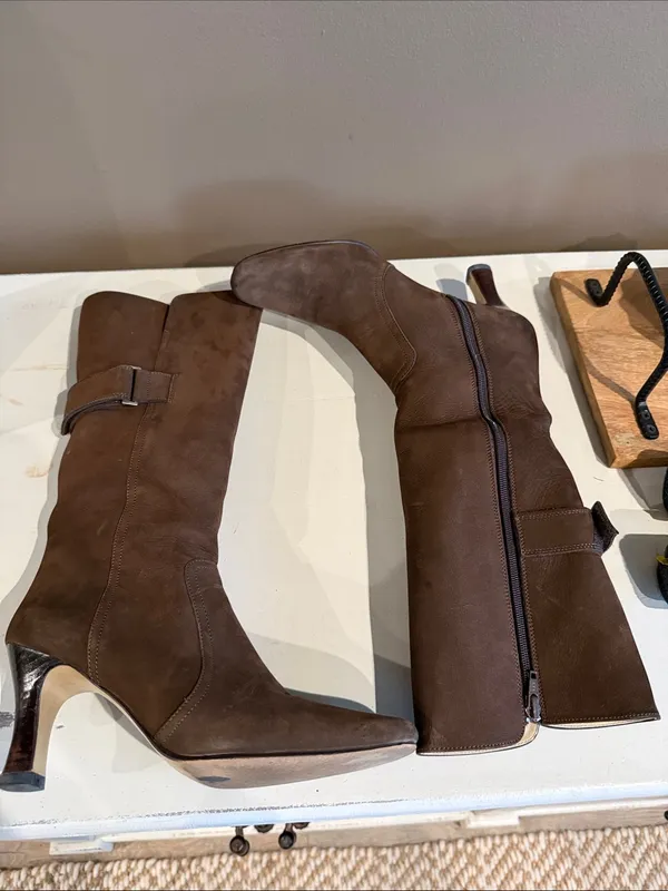 CROSS STAGE Chocolate Brown Suede Knee Boots Classic Heeled Adjustable Calf 7 - Image 10