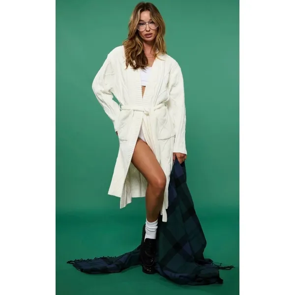 BEACH RIOT Rinna Chenille Robe Cream Cable Knit Belted Pockets X-Small Small - Image 15
