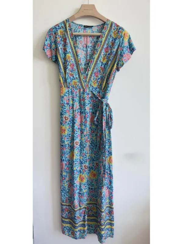 Prettygarden Floral Wrap Maxi Dress Blue Boho V Neck Short Sleeve Size S - Image 2