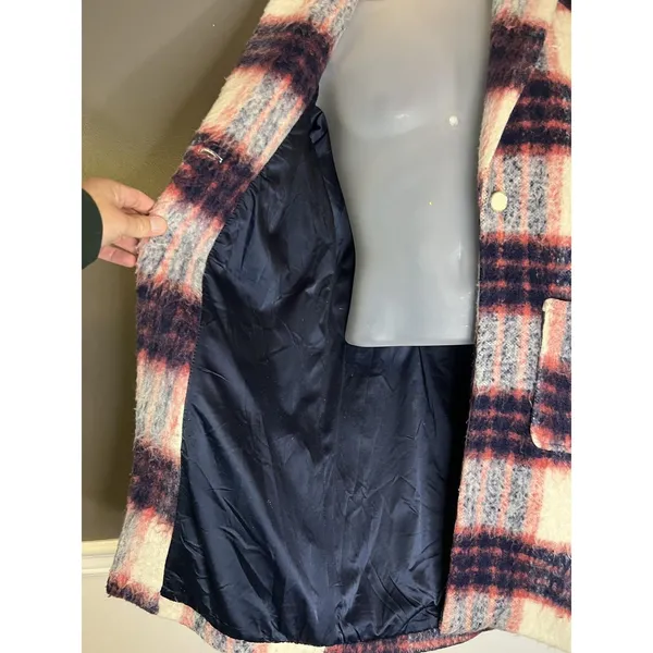 Glamorous Coat Womens Medium Pink Navy Cream Plaid Wool Blend Long Lined Boucle - Image 7