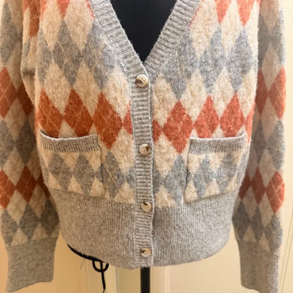 Lush Preppy Argyle Knit Button Up Cardigan In Grey & Mauve - Size M - NWOT - Image 4