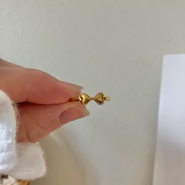 Two Hearts Gold Bow Petite Ring “Angel” Classic Girly Femme Band Stacking Neutral Jewelry - Image 10
