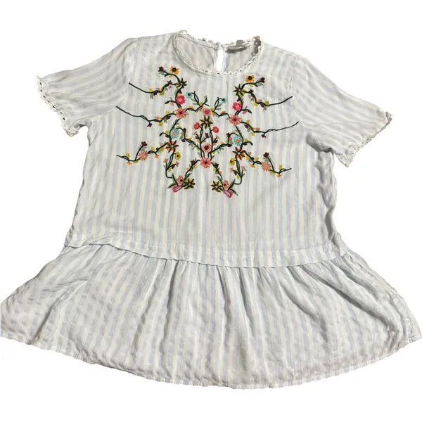 Boho Blue White Embroidered‎ Peplum Top Vintage-Inspired Cottagecore Vibes Sz M - Image 8