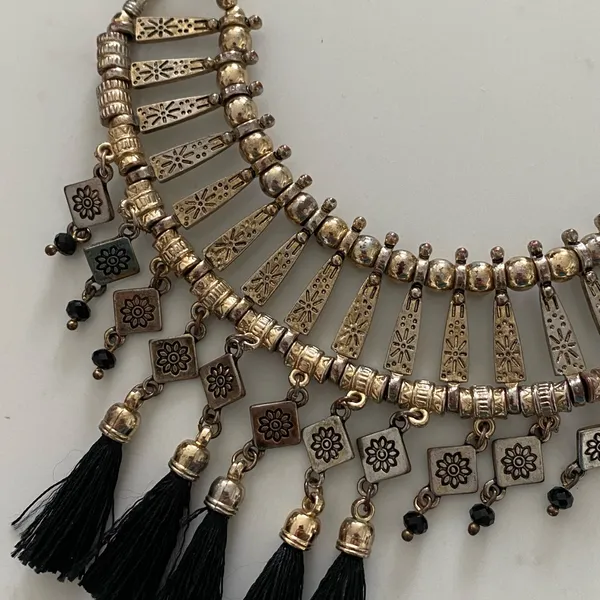 Free People Y2k festival boho goth fringe tassel statement necklace silver black - Image 8