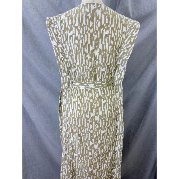 MIRTH‎ Olive Block Print Cotton Midi Dress Kantha Stitch Integrated Belt L - Image 10